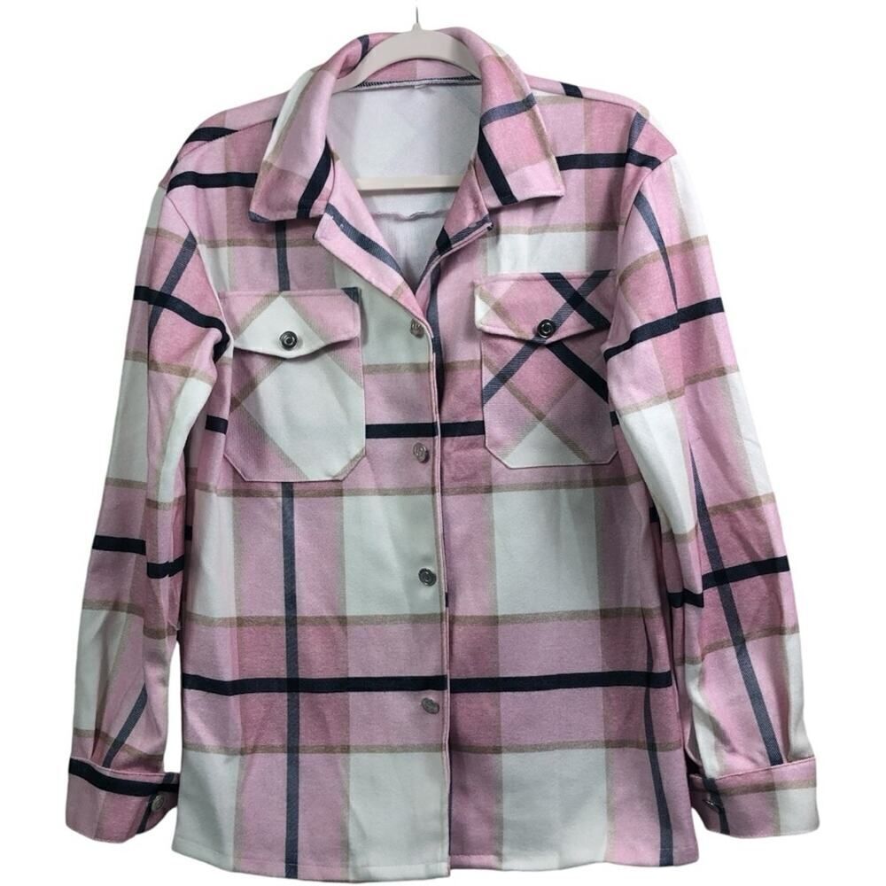 Plaid Pink Blue Cozy Fleece Button Down Jacket - Picture 3 of 10